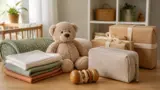 Bamse, tæpper, stofbleer, trærangle og indpakkede barselsgaver
