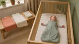 Baby sover på ryggen i en sovepose med andre modeller uden for sengen