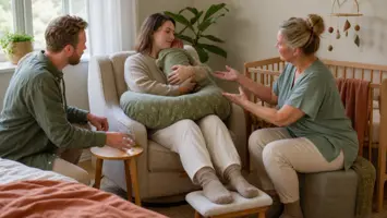 Nybagte forældre får vejledning i støttet siddestilling med deres baby