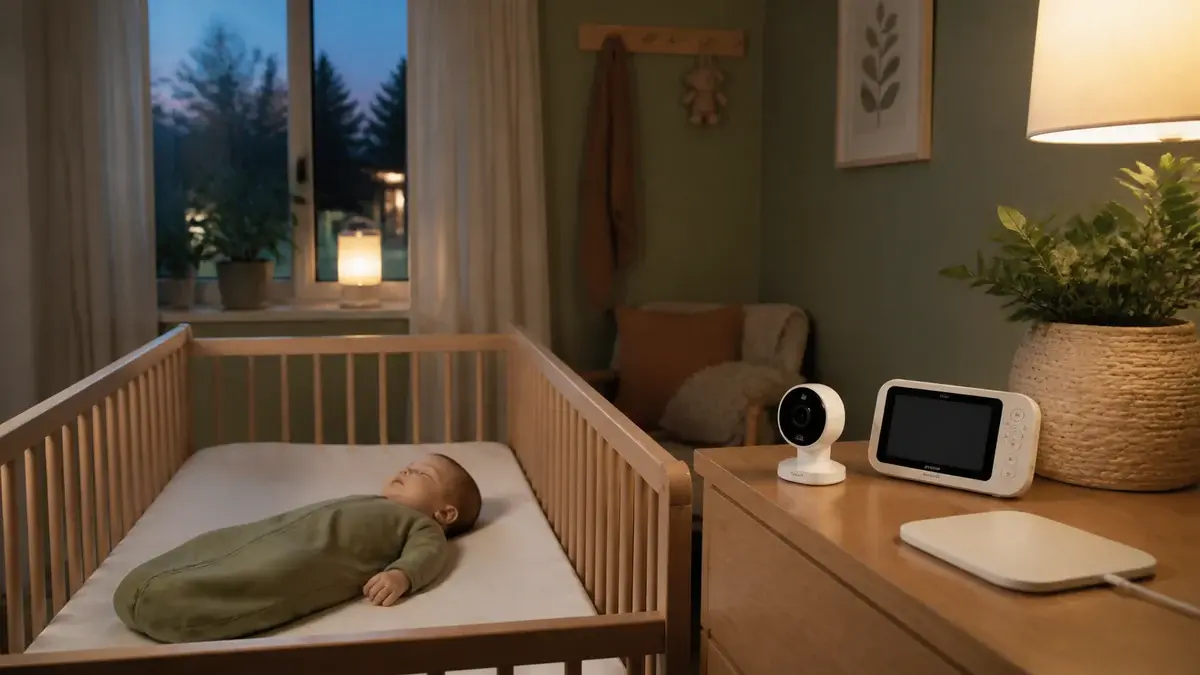 Baby sover på ryggen i en tom seng med babyalarm på kommoden