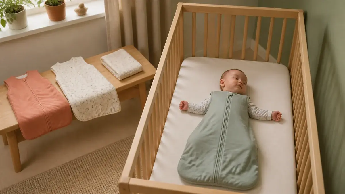 Baby sover på ryggen i en sovepose med andre modeller uden for sengen